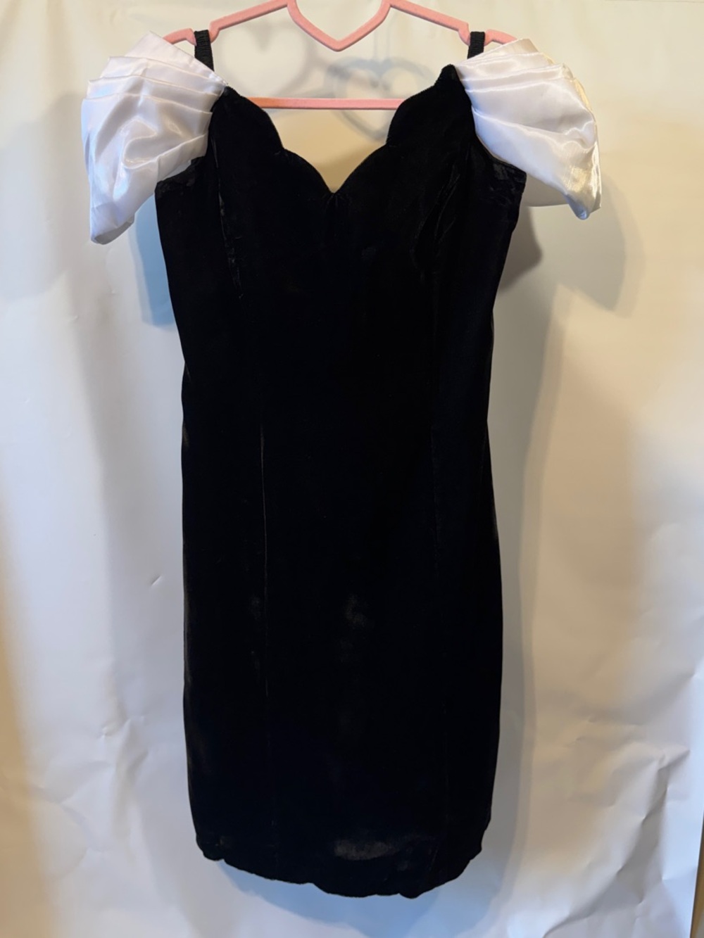 Black Velvet Mini Dress with White Puff Sleeves 90s